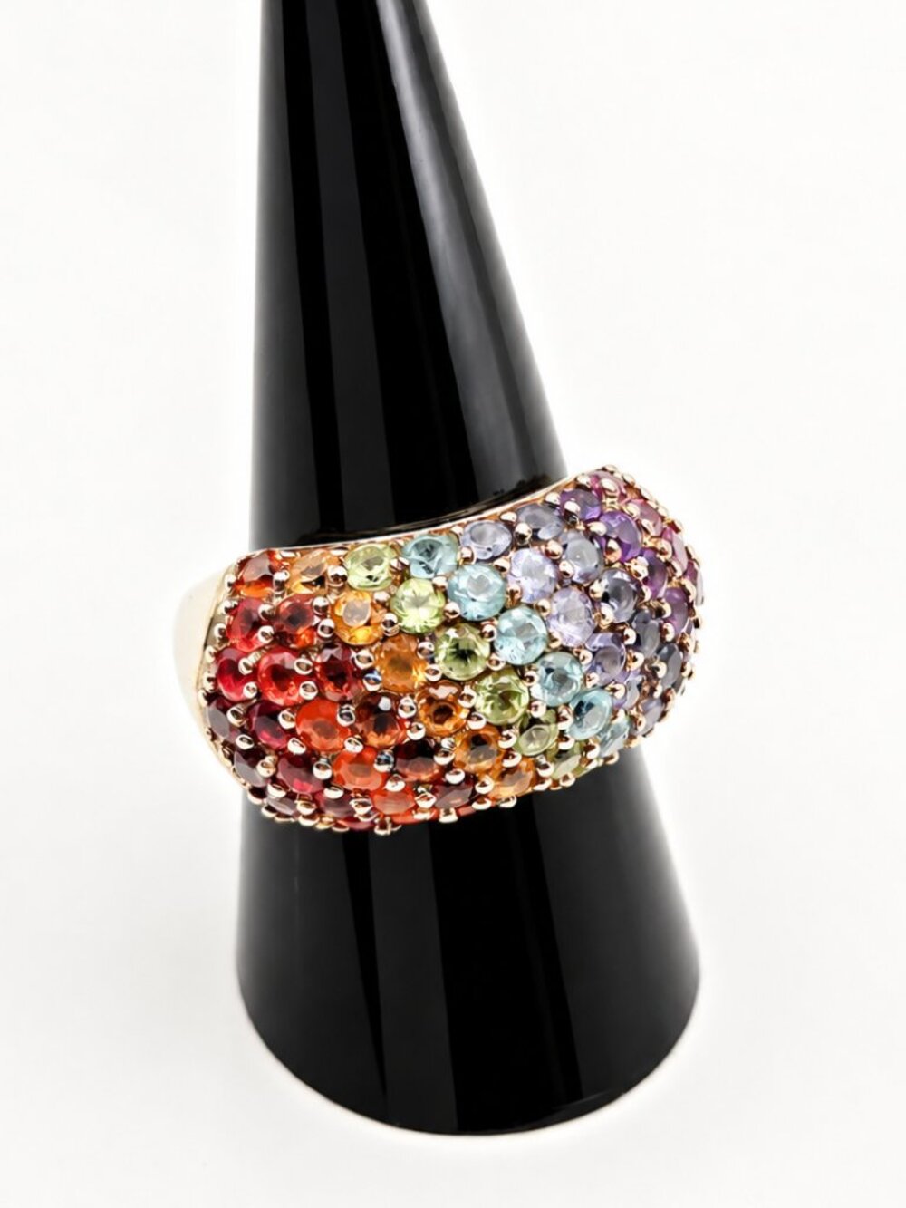 Vintage Rainbow Multi Gemstone Dome Ring Gold Vermeil Sterling Pavé Size 8.75